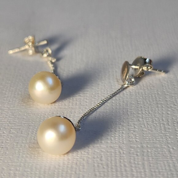VTG 925 Honora/Tiffany's Style Dangle Drop Pearl Signed Ornate 2" Stud Earrings - Picture 3 of 15